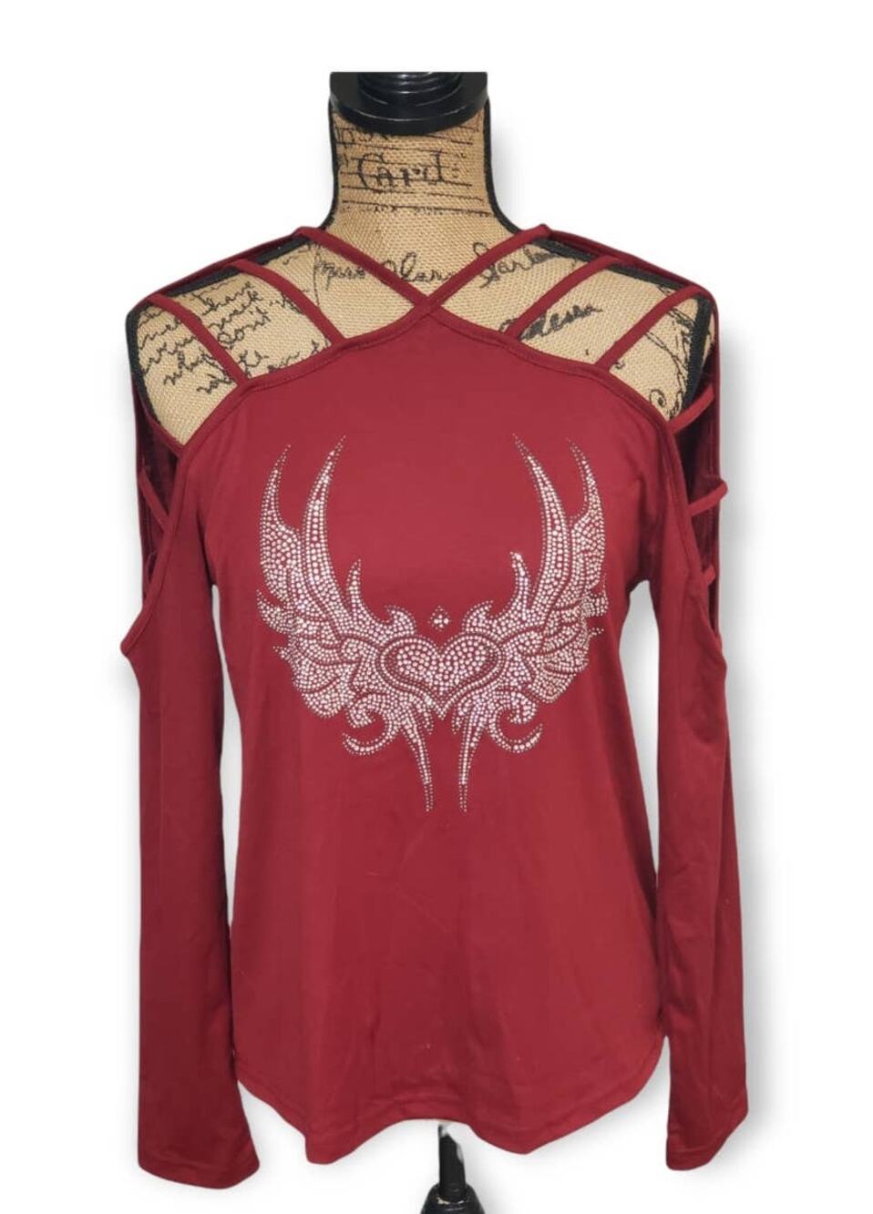 Sheilay Bejeweled Heart Wings Long Sleeved V Cut Shirt - Size Small